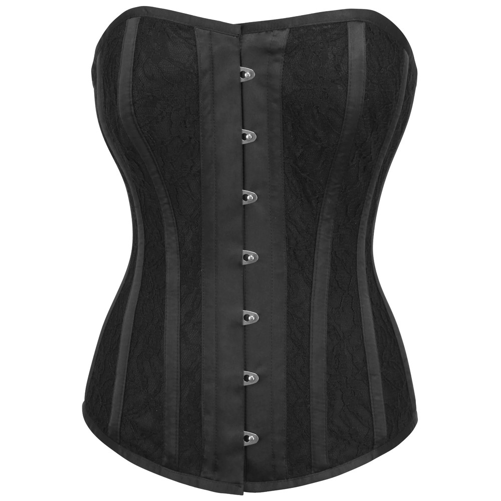 Attitude Corsets - Edelynn Satin With Lace Overlay Overbust korset - Zwart